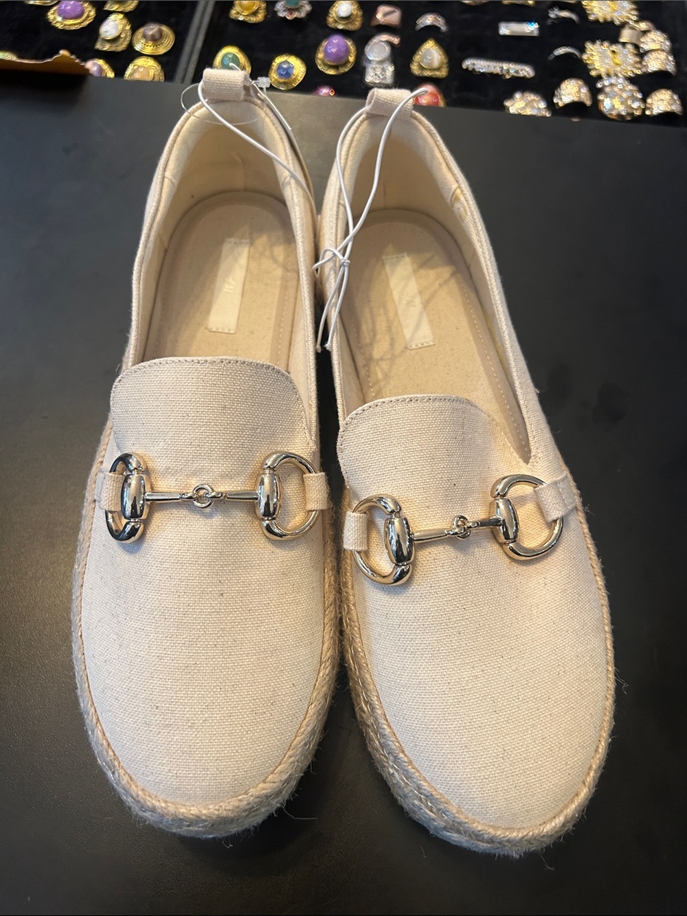 H&M Cream Canvas Loafers with Silver Horsebit